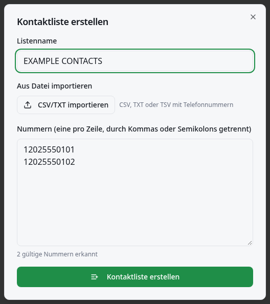 Beispielformular einer Kontaktliste mit Dateiimport, Nummernanzahl und Speicherschaltfläche.