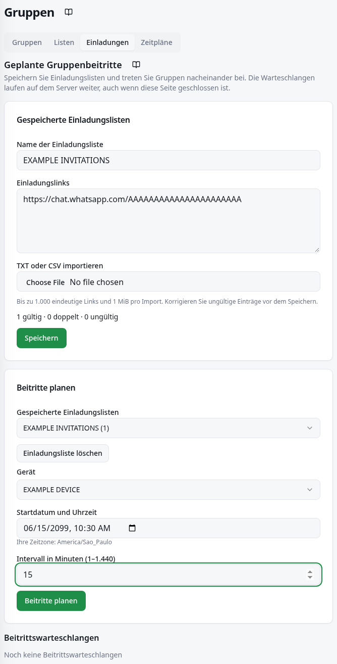 Felder für Liste, Import, Gerät, Beginn, Intervall und Ergebnisse.
