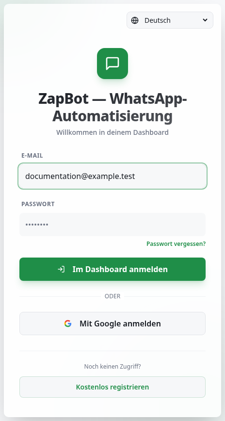 Anmeldeseite mit E-Mail und Passwort sowie Optionen zur Registrierung und Wiederherstellung.