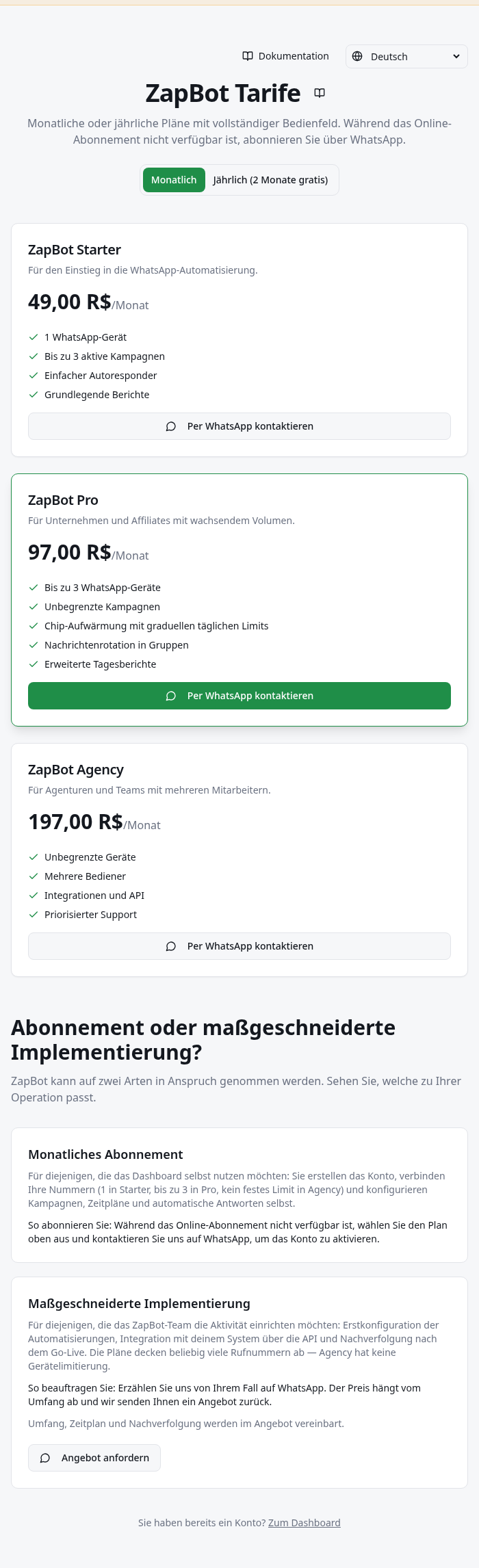 Tarifkarten und Auswahl zwischen monatlicher und jährlicher Abrechnung.