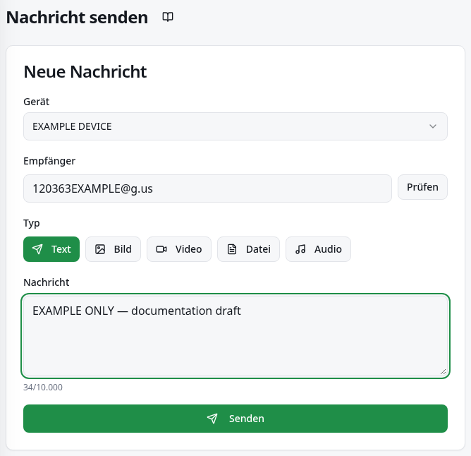 Schnell senden mit Gerät, Empfänger, Nachricht und Schaltfläche Senden.