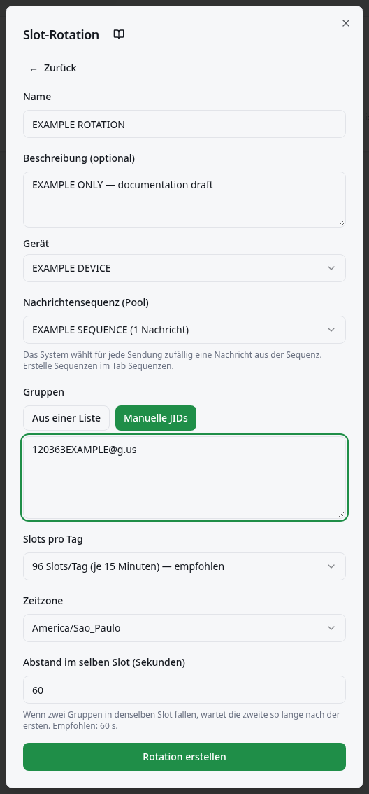 Auswahl von Sequenz, Gruppenquelle, Slots, Zeitzone und Abstand.