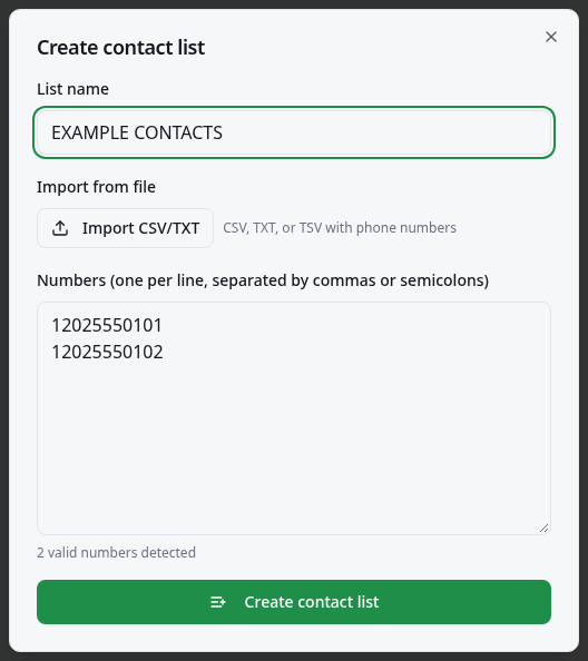 Example contact list form with file import, number count and save button.