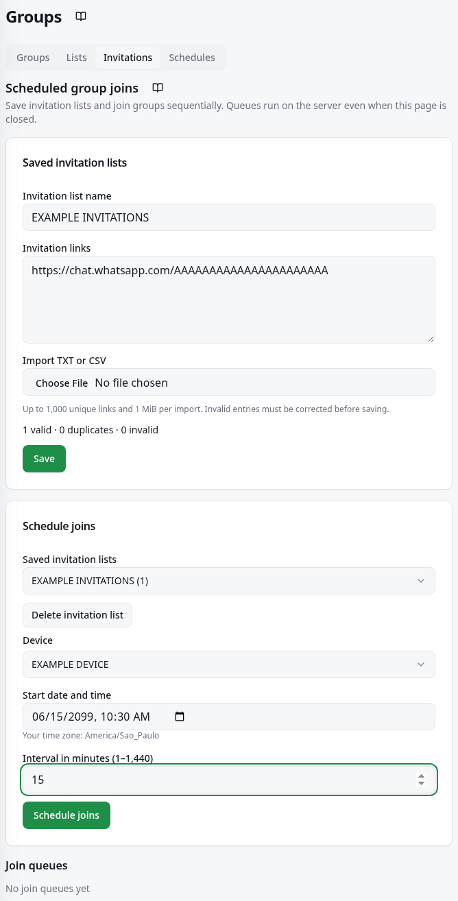 List, import, device, start, interval, and queue result fields.
