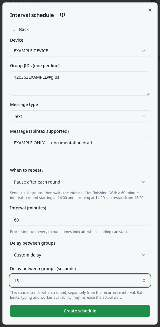 Device, groups, message, When to repeat?, and interval in minutes fields.