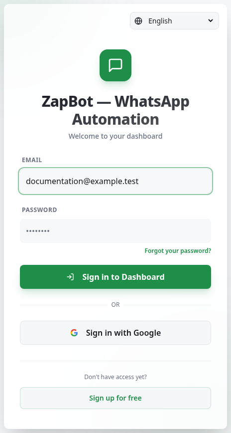 Sign-in page with Email and Password fields and registration and recovery options.