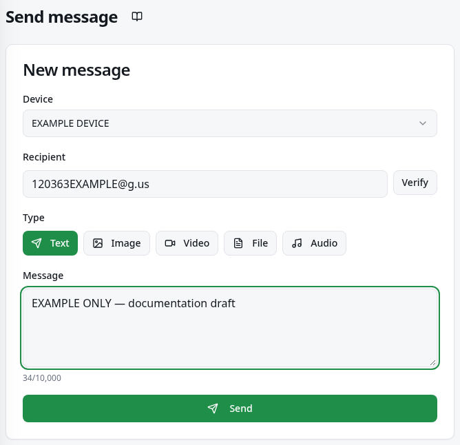 Quick send with device, recipient, message, and Send button.