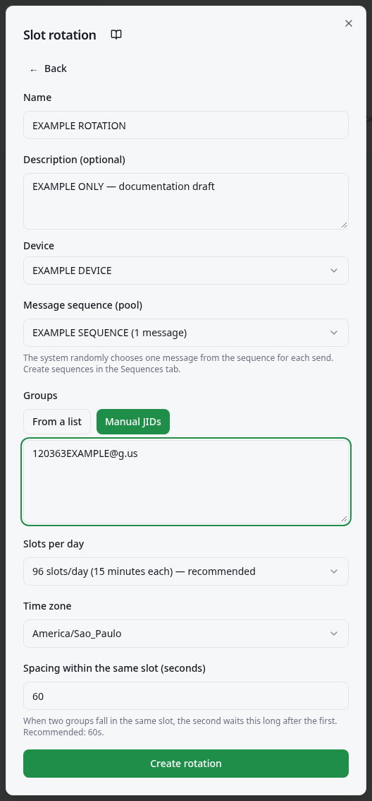 Sequence, group source, slots, time zone, and spacing selections.