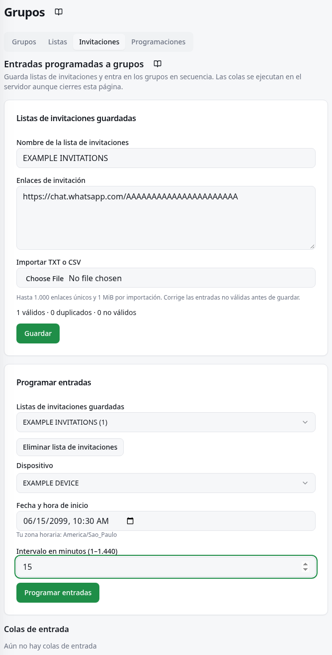 Campos de lista, importación, dispositivo, inicio, intervalo y resultados.