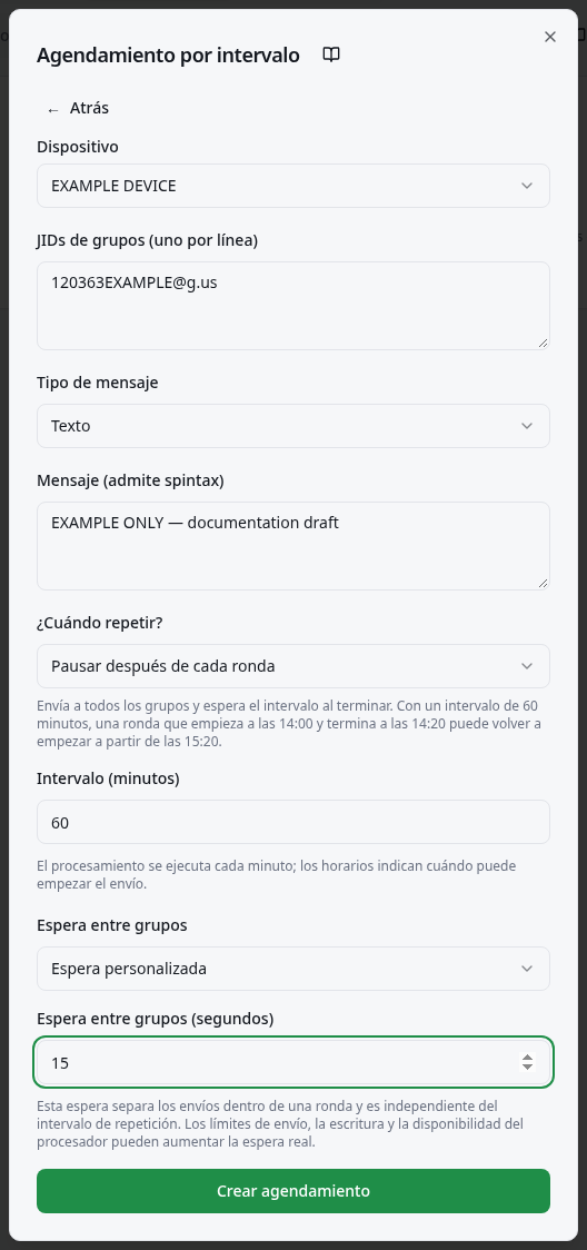 Campos de dispositivo, grupos, mensaje, ¿Cuándo repetir? e intervalo en minutos.