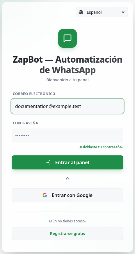 Página de acceso con Correo electrónico, Contraseña y opciones de registro y recuperación.
