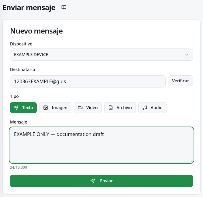 Envío rápido con dispositivo, destinatario, mensaje y Enviar.