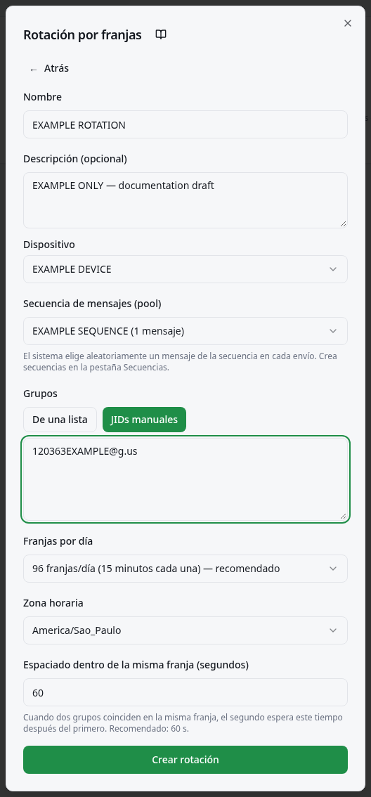 Selección de secuencia, origen de grupos, franjas, zona horaria y espaciado.