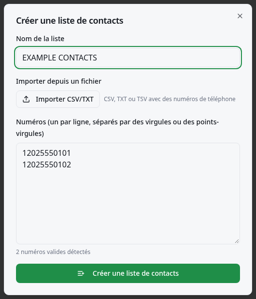 Formulaire avec importation, compteur de numéros et bouton d’enregistrement.