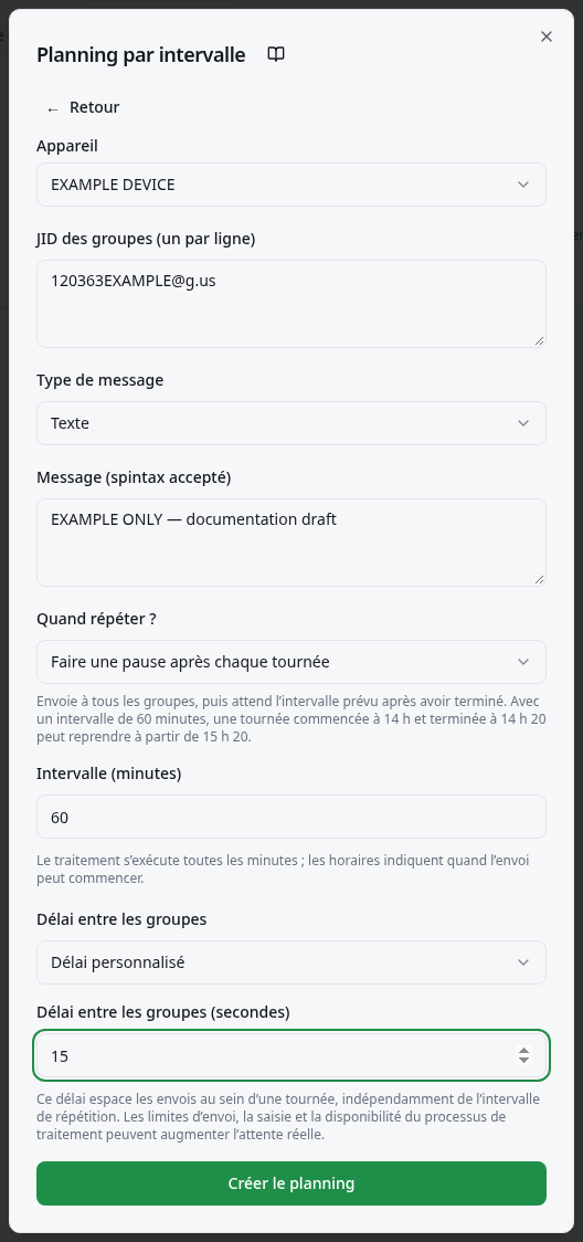 Champs Appareil, groupes, message, Quand répéter ? et intervalle en minutes.