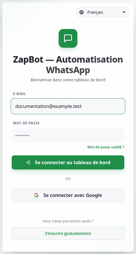 Page de connexion avec E-mail, Mot de passe et options d’inscription et de récupération.