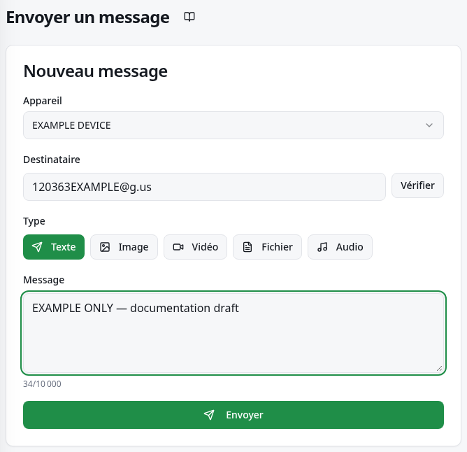 Envoi rapide avec appareil, destinataire, message et Envoyer.