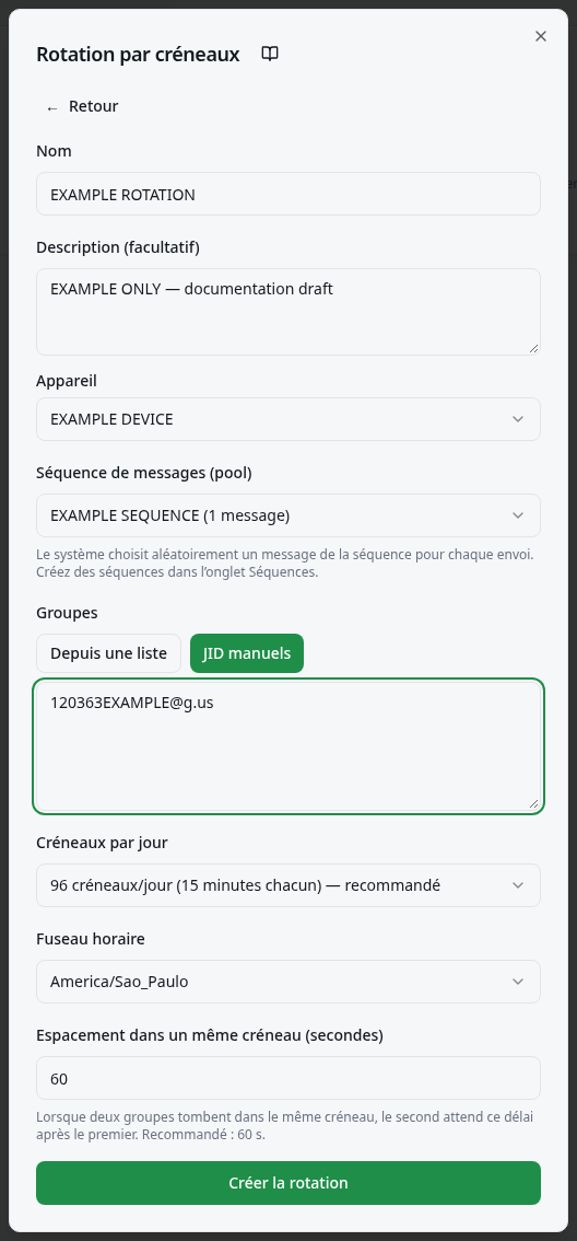 Sélection de la séquence, de la source des groupes, des créneaux, du fuseau horaire et de l’espacement.