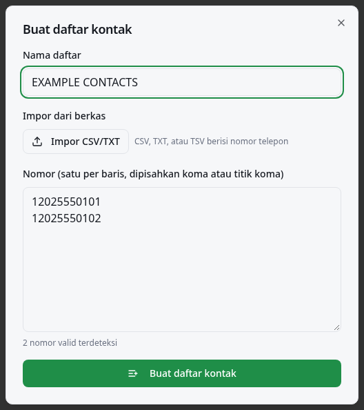 Formulir contoh daftar kontak dengan impor berkas, jumlah nomor, dan tombol simpan.