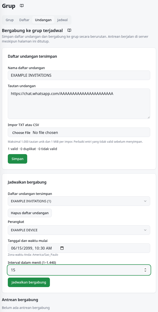 Kolom daftar, impor, perangkat, waktu mulai, interval, dan hasil antrean.