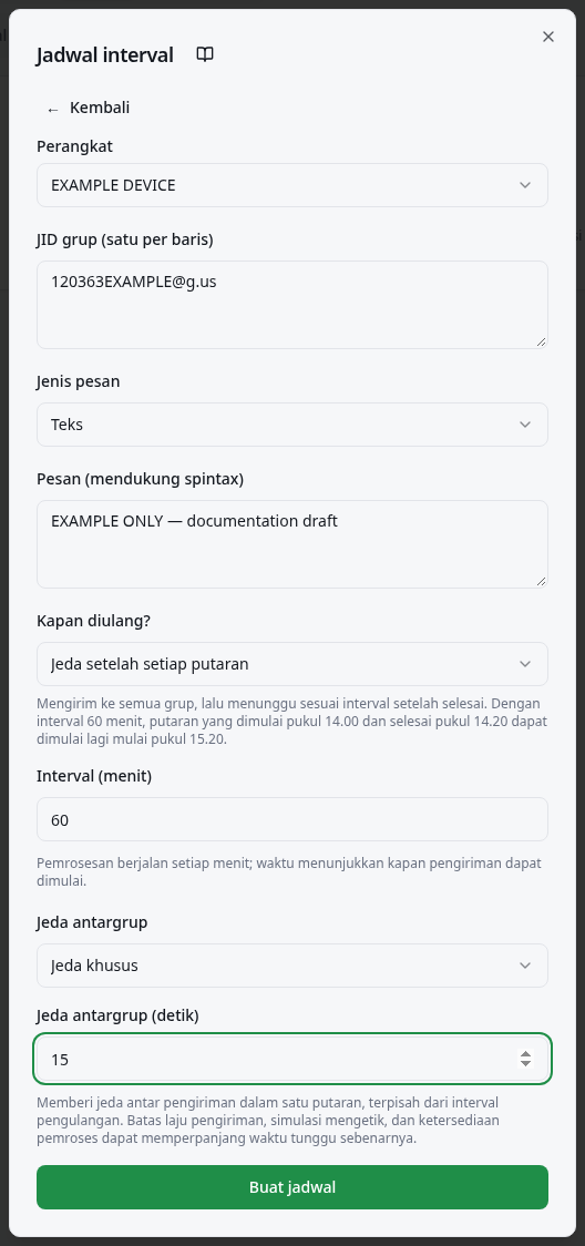 Kolom perangkat, grup, pesan, Kapan diulang?, dan interval dalam menit.