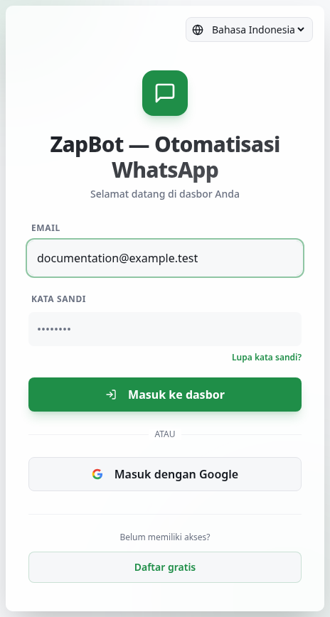 Halaman masuk dengan kolom Email dan Kata sandi serta pilihan pendaftaran dan pemulihan.