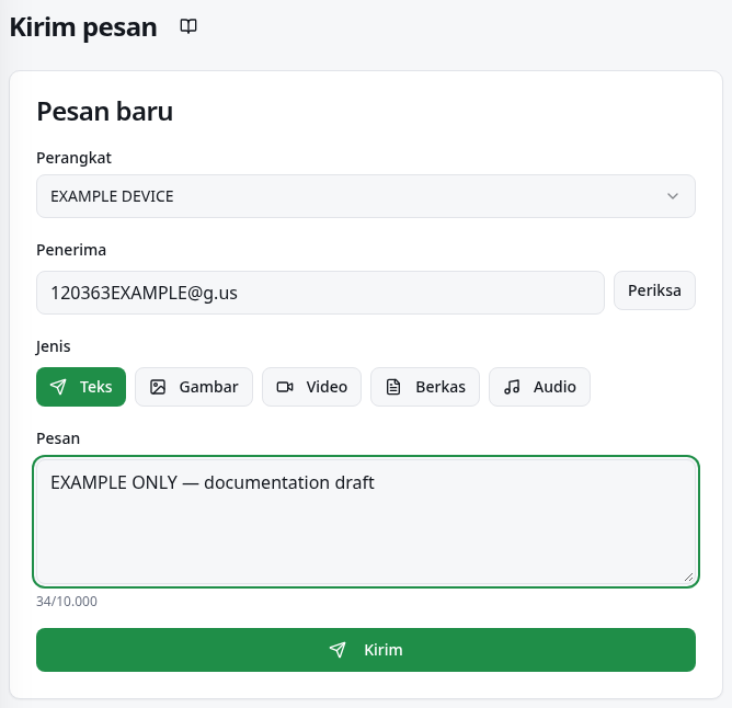 Kirim cepat dengan perangkat, penerima, pesan, dan tombol Kirim.
