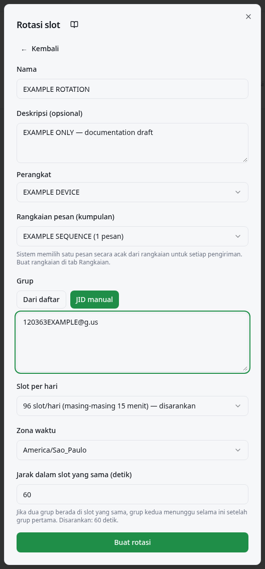 Pilihan rangkaian, sumber grup, slot, zona waktu, dan jarak.