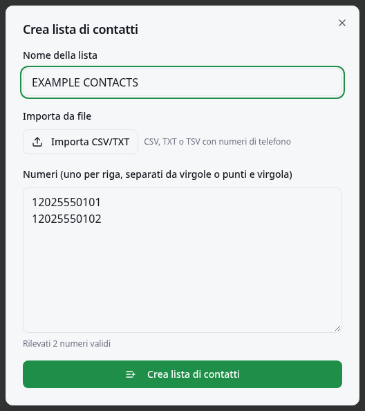 Modulo di una lista di esempio con importazione da file, conteggio dei numeri e pulsante di salvataggio.