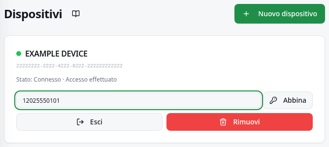 Modulo del dispositivo con Numero di telefono per l’abbinamento e un comando per generare il codice.