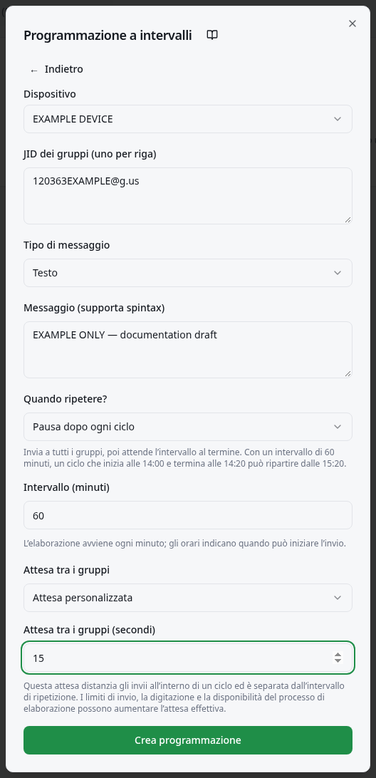 Campi per dispositivo, gruppi, messaggio, Quando ripetere? e intervallo in minuti.