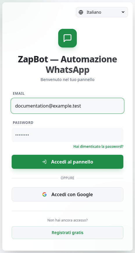 Pagina di accesso con i campi Email e Password e le opzioni di registrazione e recupero.