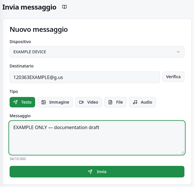 Invio rapido con dispositivo, destinatario, messaggio e pulsante Invia.