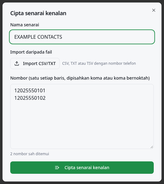 Borang senarai kenalan contoh dengan import fail, kiraan nombor dan butang simpan.