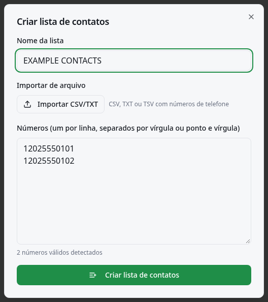 Formulário de lista de exemplo com importação de arquivo, contagem de números e botão de salvar.
