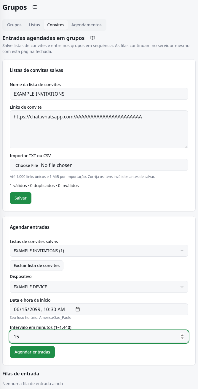 Campos de lista, importação, aparelho, início, intervalo e resultados de uma fila.