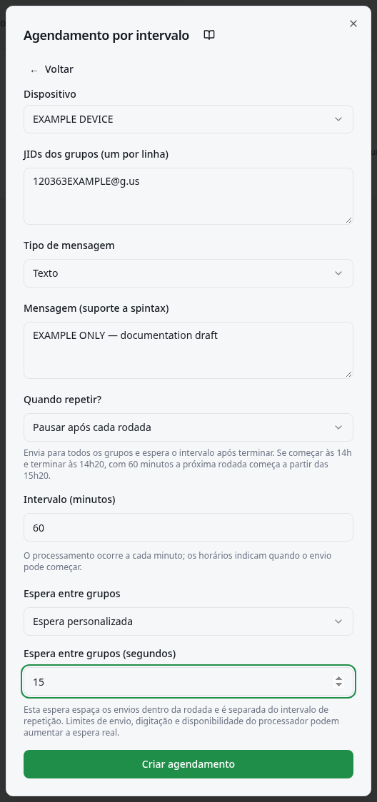 Formulário de aparelho, grupos, mensagem, Quando repetir? e intervalo em minutos.