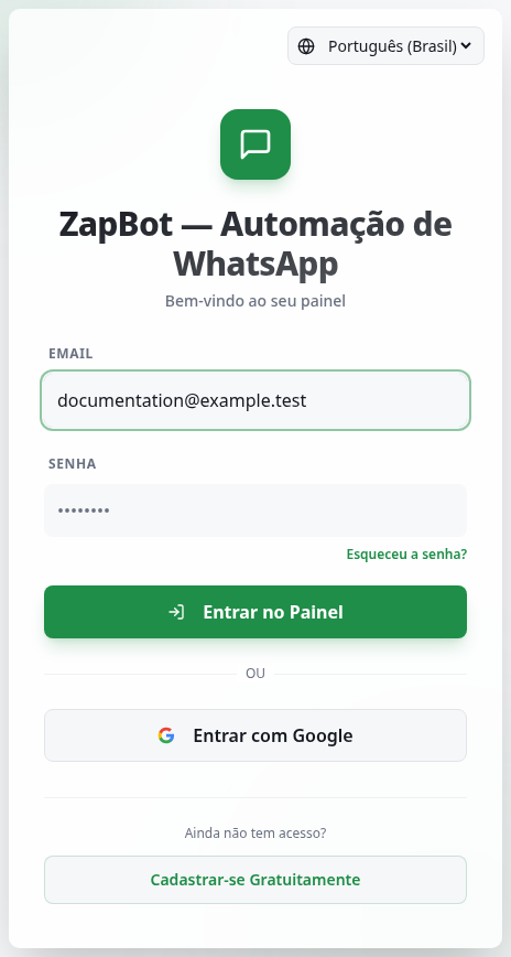 Página de entrada com campos Email e Senha e opções de cadastro e recuperação.