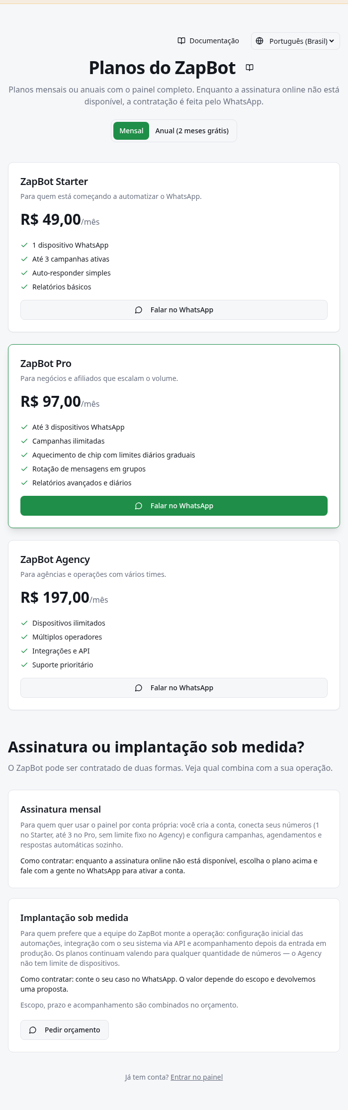 Cartões de planos e controle de ciclo mensal ou anual.