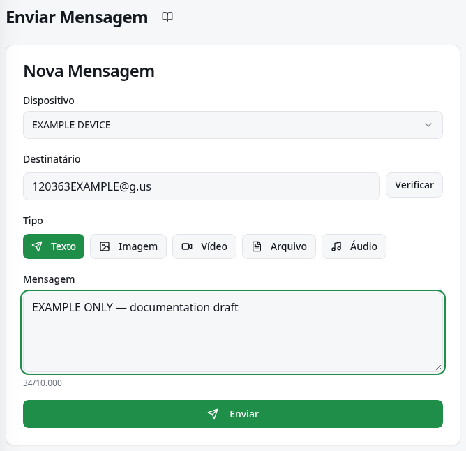 Envio rápido com aparelho, destinatário, mensagem e botão Enviar.