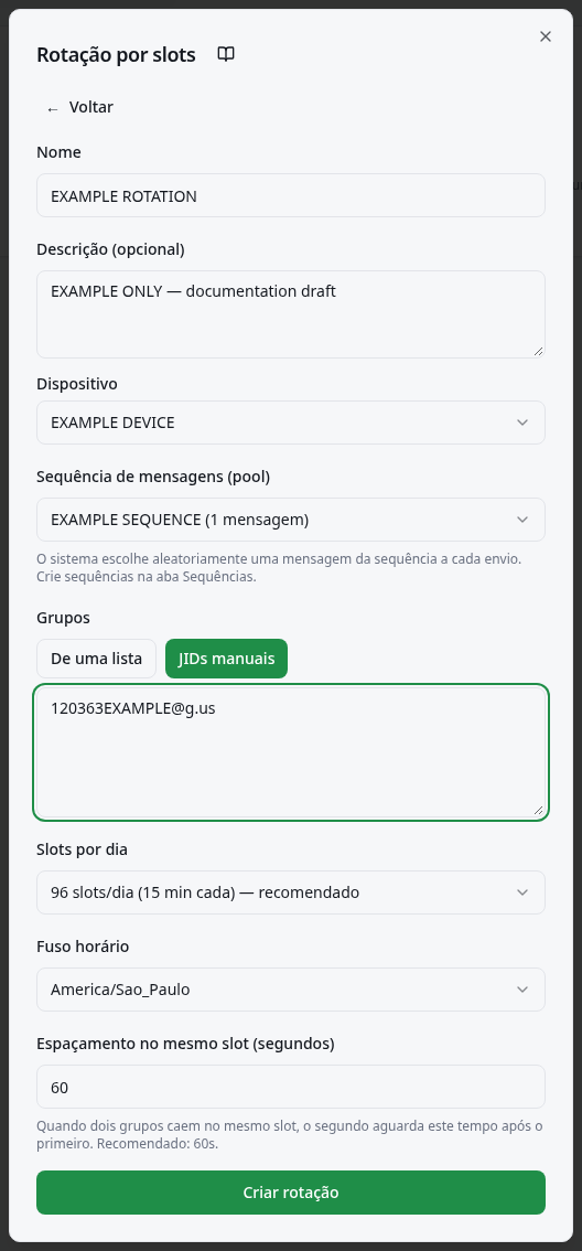 Seleção de sequência, origem dos grupos, slots, fuso horário e espaçamento.