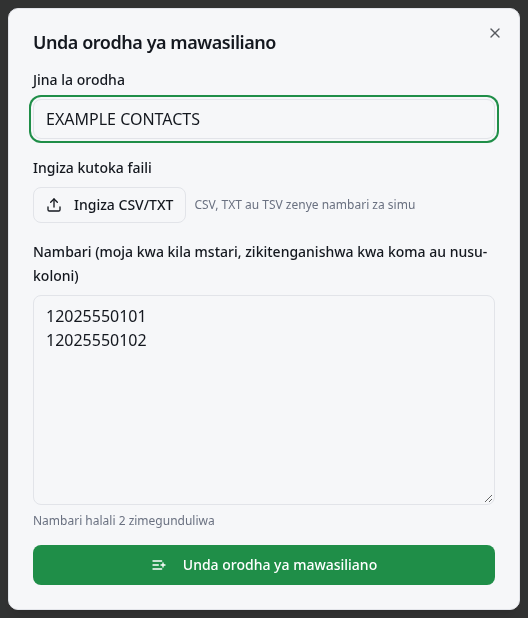 Fomu ya orodha ya mfano yenye uingizaji wa faili, hesabu na kitufe cha kuhifadhi.