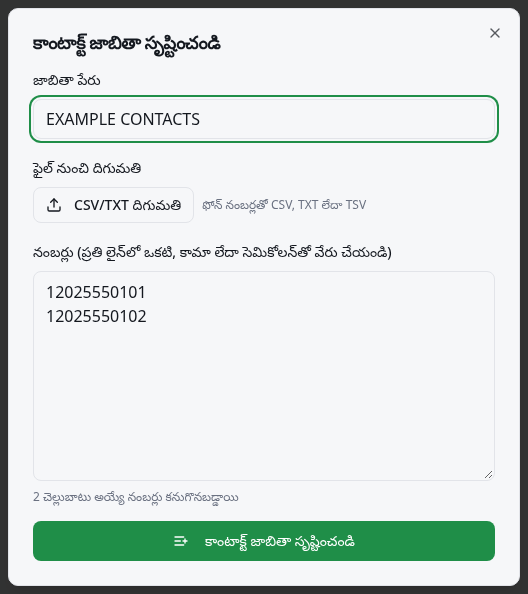 ఫైల్ దిగుమతి, నంబర్ల సంఖ్య, సేవ్ బటన్తో ఉదాహరణ కాంటాక్ట్ జాబితా.