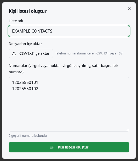 Dosya içe aktarma, numara sayısı ve kaydetme düğmesi olan örnek kişi listesi formu.