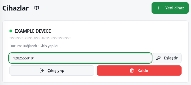 Eşleştirme için telefon numarası alanı ve kod oluşturma denetimi olan cihaz formu.
