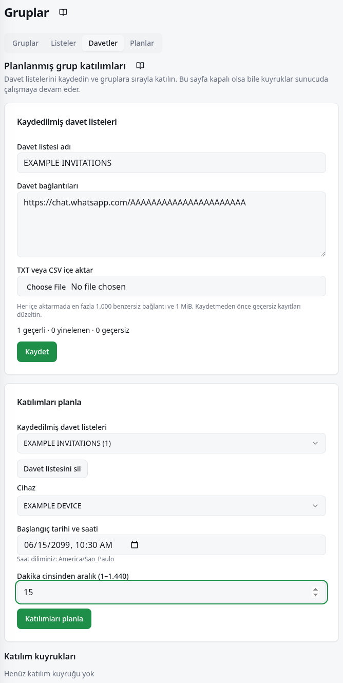 Liste, içe aktarma, cihaz, başlangıç, aralık ve kuyruk sonucu alanları.