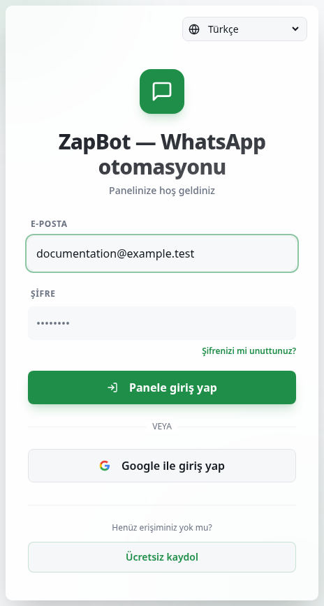 E-posta ve Şifre alanları, kayıt ve kurtarma seçenekleriyle giriş sayfası.