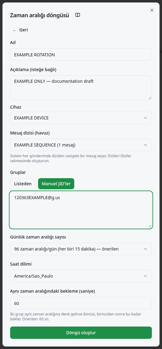 Dizi, grup kaynağı, aralıklar, saat dilimi ve bekleme seçimleri.