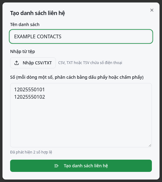 Biểu mẫu danh sách liên hệ ví dụ với nhập tệp, số lượng số và nút lưu.