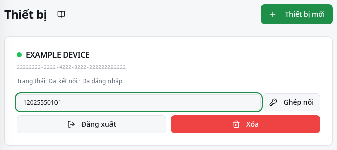 Biểu mẫu thiết bị với Số điện thoại để ghép nối và nút tạo mã.